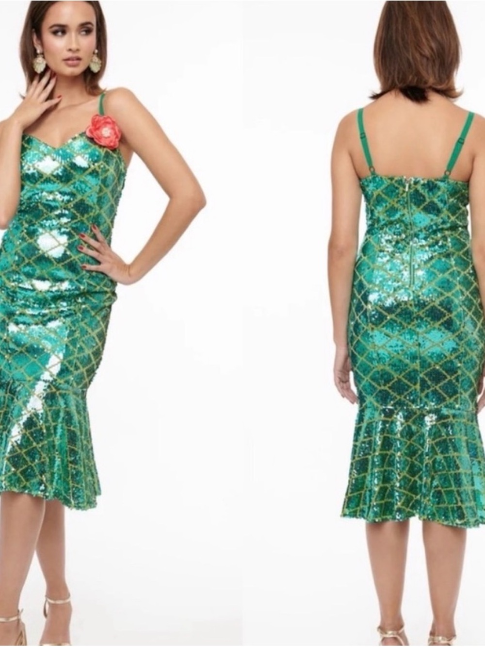 Unique Vintage Teal Sequin Mermaid Midi Dress with Coral Flower - Picture 2 of 5